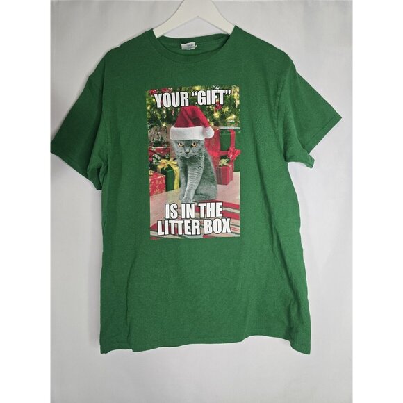 Your Gift is in the Litter Box Christmas funny Cat T-Shirt Size LARGE - Picture 2 of 6